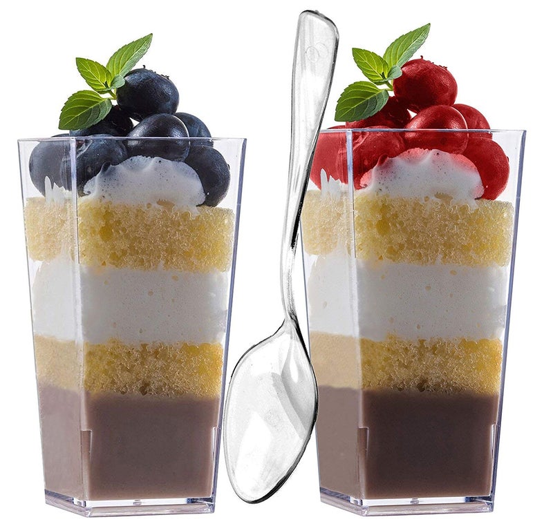 zappy 100 3oz Mini Dessert Cups & 100 Tasting Spoons Tall Square Clear Plastic Dessert Glasses Disposable Shot Glass Tumbler Shooter Cups Parfait Glasses Sample Appetizer Bowls Trifle Bowl 3 oz - Image 1